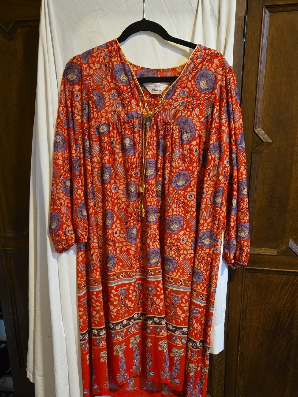 Vintage Red Floral Tie-Neck Indian Block-print Style Boho Maxi Dress, M-XXL